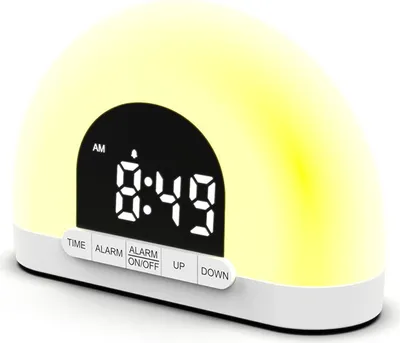 Imagen del producto de Despertador AIORBER con simulación de amanecer e iluminación ambiental, cuatro niveles de brillo de pantalla, color blanco, dimensiones: 15x5x10,5 cm