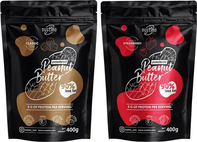 Produktbild von Nustino Erdnussbutter Pulver Set Classic, Sweet Strawberry 2 × 400 g – Protein Peanut Butter ohne Zucker und mit Frucht