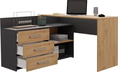 Image de BDW Bureau d'angle, 3 tiroirs 2 étagères, Anthracite / Chêne Artisan, 120x7x50 cm