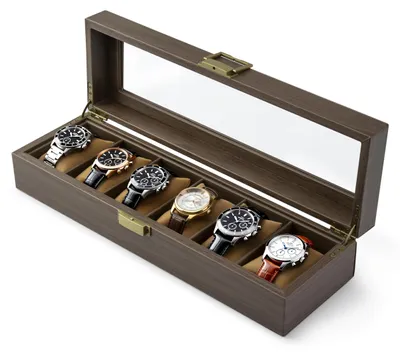 Image de Boîte à montres en bois avec 5 compartiments et un couvercle en verre pour hommes et femmes