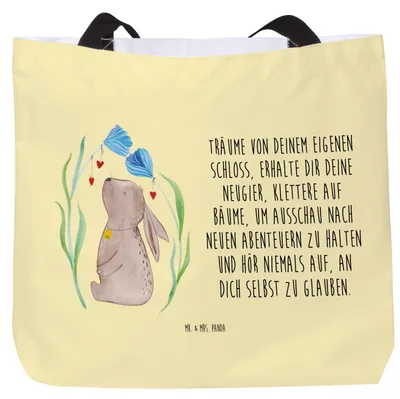 Produktbild von Mr. & Mrs. Panda Strandtasche Hase Blume - Gelb Pastell - Geschenk, Geburt, Geburtstag, Beutel, Tasche, Schwangerschaft, Einkaufstasche, Kaninchen, Taufe, Tote Bag