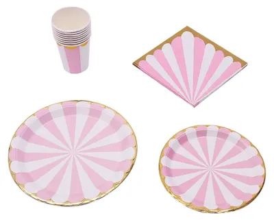 Produktbild von 42-teiliges Einweggeschirr-Set aus Pappbechern und Tellern für Jungen- und Mädchengeburtstage, Hochzeiten (Rosa)