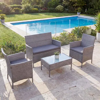 Productafbeelding van 2-1-1 Poly-Rattan tuinmeubelset, set met loungebank, kleur grijs, kussens in antraciet