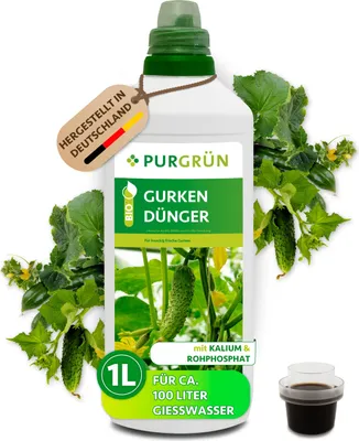 A bottle of cucumber fertilizer with cucumber plants in the background.