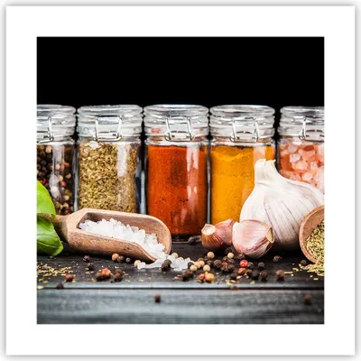 Produktbild von Poster - Poster ohne Rahmen - Gewürze Knoblauch Holz Salz - 40x40 cm - Wand Bild - Wanddeko - Wandbilder - Kunstposter - Wandposter - Bilder - Kunstdruck - Wanddekoration - Wandbild - P2XAC40x40-2896