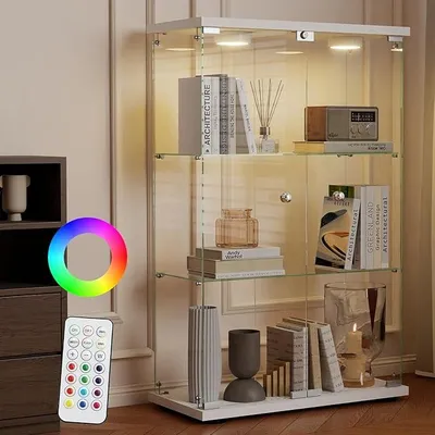 Produktbild von Glasvitrine Standvitrine mit LED in Weiß, 125x79x36,5CM Vitrine | Modern Vitrinenschrank mit 3 Böden aus ESG für Küche, Flur Wohnzimmer Büro zur Aufbewahrung von Sammlerstücken Büchern Weinen
