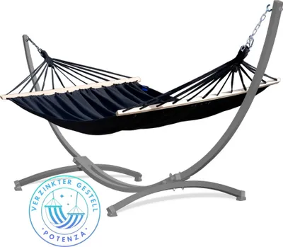 Produktbild von Potenza Outdoor Hängematte mit Gestell für 2 Personen I Stabhängematte XXL 220x160, 200kg I Verzinkter Grau Hängemattengestell 220kg Wetterfest