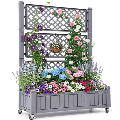 Produktbild von Pflanzkasten mit Rankgitter, Hochbeet für Balkon, 108,5x44x155cm, Garten Rankgitter mit Rädern, Gemüse- Blumenkasten, Grau
