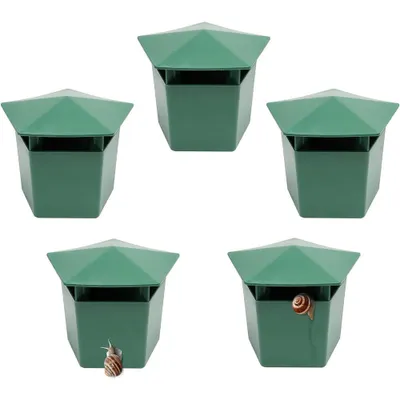 Five green snail traps arranged in a grid on a white background. Two of the traps have snails visible.