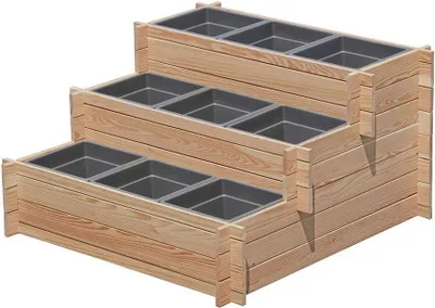 Produktbild von Stufenbeet aus Lärchenholz mit Pflanzkasteneinsatz Pflanzkasten Beet für den Garten : 3 Stufen mit 9x Pflanzkasteneinsatz Anzahl der Stufen: 3 Stufen mit 9x Pflanzkasteneinsatz