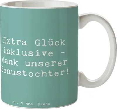 Produktbild von Mr. & Mrs. Panda Kaffeebecher Spruch Bonustochter Glück - Meeresbrise - Geschenk, Tasse, Dankeschön, Stieftochter, Familie, Becher, handgemacht, einzigartige Designs