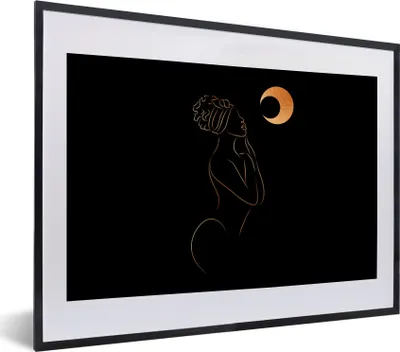 Produktbild von MuchoWow® Gerahmtes Poster Frau - Mond - Gold - Strichzeichnung 40x30 cm - Poster mit Schwarzem Bilderrahmen Wandposter Rahmen Foto Bilder - Bilderrahmen - Poster im Rahmen