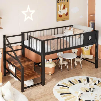 Immagine prodotto di Letto a castello basso 90x200 cm in metallo e MDF con scala integrata, spazio contenitivo sottostante, colore nero, adatto a bambini e adolescenti