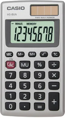 Obrázok produktu pre CASIO HS 8 VA Vrecková kalkulačka, 8-miestny displej, výpočet percent a odmocniny, nezávislá pamäť, ochranný plastový kryt, duálne napájanie