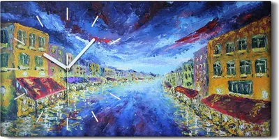 Produktbild von Wanduhr Leinwand Bild Uhr Kunstdruck 60x30 Foto Nächtliches Stadtbild Malerei - weiße Hände