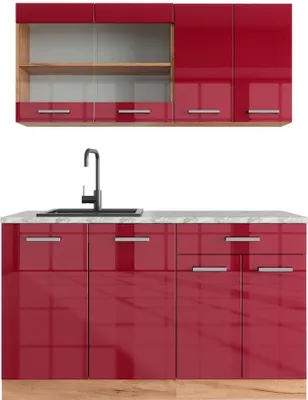 Produktbild von Singleküche Vicco R-Line Rot Hochglanz/Goldkraft Eiche 140 cm , AP Marmor, Model 43179