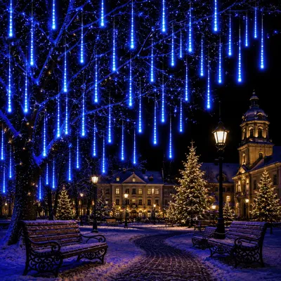 Produktbild von Meteorschauer Lichterkette, Fallende Regen Lichter, Weihnachtsbeleuchtung für Garten Baum Weihnachten Halloween Dekoration, Blau, 50cm 288LED