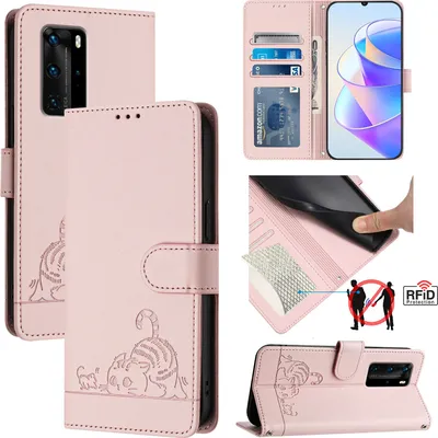 Produktbild von Leder Hülle für Huawei P40 Pro Süße Katze Flip Case Brieftasche Schutzhülle mit Standfunktion Pink