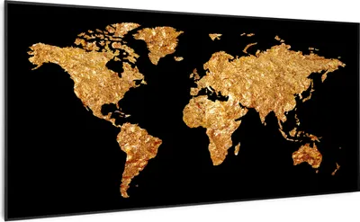 A world map depicted with a textured gold finish against a black background.