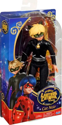 A toy doll of the character Cat Noir from Miraculous Ladybug and Cat Noir: The Movie, presented in its retail packaging.