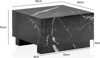 A black marble-effect cube coffee table with dimensions indicated by text overlays.