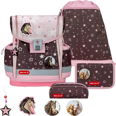 Produktbild von Belmil Classy Plus ergonomisches Schulranzen-Set 5-teilig "Champion Horses" mit Brustgurt, Magnetverschluss, Patch Set 3 Stück