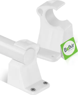 Two white plastic mounting brackets for a table leg or similar structure, with a green and white logo sticker on the right bracket.