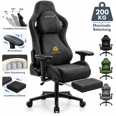 Produktbild von CRELIV -Ergonomischer Gamingstuhl mit Fußstütze, 175° Rückenlehne, 3D-Armlehnen, Kopf- und Lendenkissen, höhenverstellbar, Grau, KI-generiertes Bild
