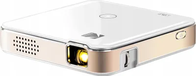 A white and gold Kodak portable projector shown from a diagonal angle.