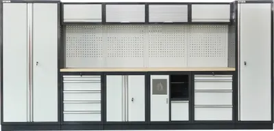 Produktbild von STIER Werkstatteinrichtung Basic, 6-teilig, modular, mit Lochwand und Multiplex-Arbeitsplatte, BxTxH 4235x460x2000mm