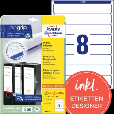 Produktbild von Avery Zweckform L6060-25 Ordner-Etiketten, 192 x 34 mm, 25 Blatt/200 Etiketten, weiß
