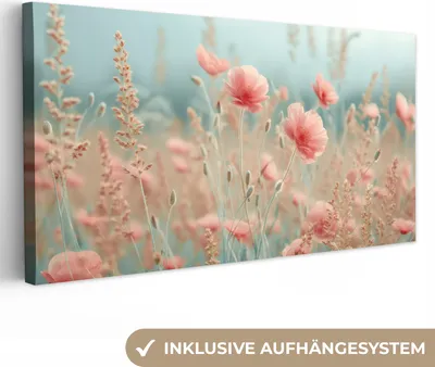 Produktbild von MuchoWow® - Leinwandbilder - Blumen - Natur - Mohnblumen - Blumenfeld, Wandbild, Wanddeko Bilder Wohnzimmer, 40x20 cm