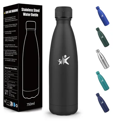 Trinkflasche 750 ml, doppelwandig vakuumisoliert, Edelstahl 304, schwarz