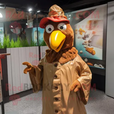 Produktbild von Brown-Hühner REDBROKOLY Maskottchen kostüm gekleidet in einen Regenmantel und Manschettenknöpfe