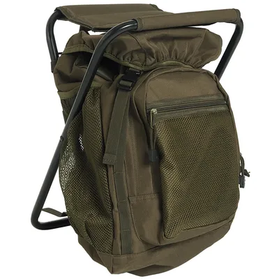 A product shot of a hunting backpack with an integrated stool.