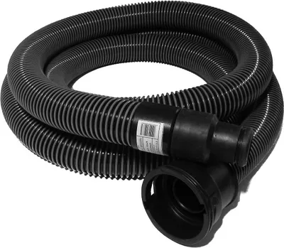 A black corrugated hose is coiled and features black connectors at one end. A label is attached to the hose near the connectors.