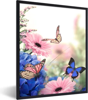 Produktbild von MuchoWow® Gerahmtes Poster Schmetterlinge - Blumen - Hortensie - Insekten 60x80 cm - Poster mit Schwarzem Bilderrahmen Wandposter Rahmen Foto Bilder - Premium - Wanddeko Wohnzimmer