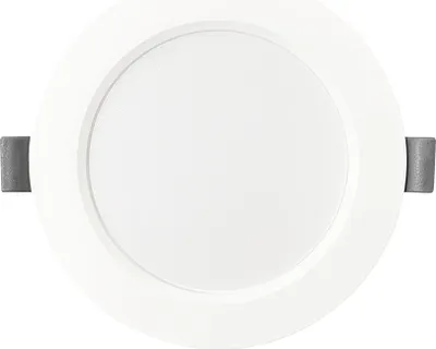 A white round LED recessed light fixture with two gray clips on the sides, shown against a white background.