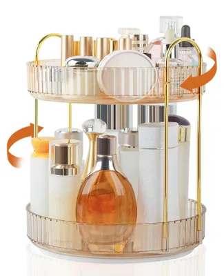 Image de Organiseur de maquillage rotatif, organiseur de salle de bain à deux étages, organiseur pivotant à 360 degrés et grande capacité, rangement pour produits de beauté, organiseur rotatif pour coiffeuse, carrousel pour soins de la peau (2 étages, couleur ambre)