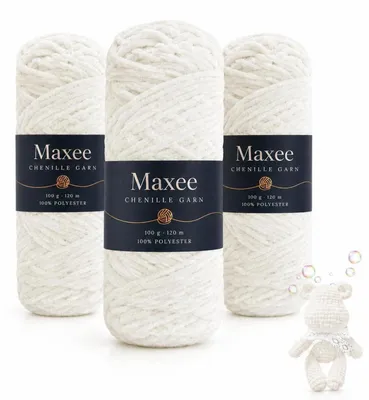 Produktbild von Samtig Babywolle Chenille Garn 300g (3x100g) Milchweiß zum Stricken & Häkeln