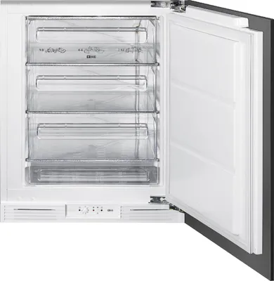 An open freezer with multiple transparent drawers.