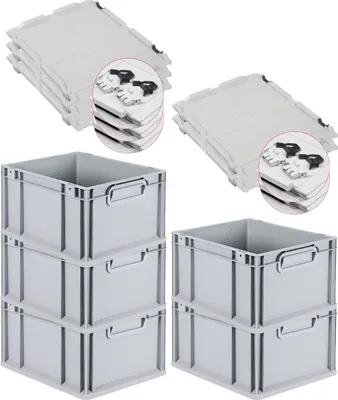 Produktbild von SuperSparSet 5x Eurobox NextGen Economy mit Scharnierdeckel und schwarzen Schiebeschnappverschlüssen | Griffe geschlossen | HxBxT 22x30x40cm | 20 Liter | Eurobehälter, Transportbox, Transportbehälter, Stapelbehälter