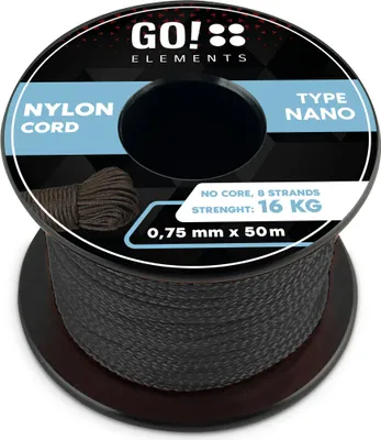 Produktbild von GO!elements 50m Nano Cord Seil aus reißfester Nylonschnur - 0,75mm Nano Cord Typ Nano Schnur - geeignet als Allzweckseil & Reepschnur - Max. 16kg, Farbe: Schwarz