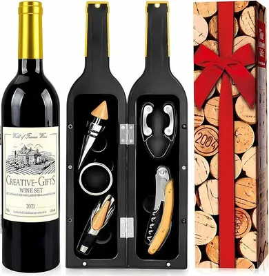 Produktbild von Weinflasche Geformt Korkenzieher Set,5 Stück Weinkorkenzieher-Set,Weinzubehör Geschenkset,Weinöffner Set,Wein Sommelier Sets mit Flaschenöffner,Weinverschlüsse (gold bottle001)