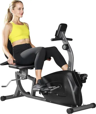 Productafbeelding van Hometrainer met ligpositie, geschikt voor thuisgebruik, met 8 verstelbare weerstandsniveaus, magnetische rem, hartslagmeter, LCD-display, ideaal voor senioren. Stille ligfiets, hometrainer met verstelbare en comfortabele zitting. Geschikt voor gebruikers tot 135 kg