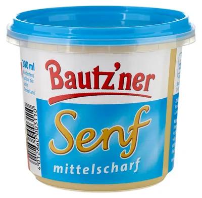 Zdjęcie produktu dla Bautzen musztarda średnio ostra klasyczna w niebieskim naczyniu 200ml