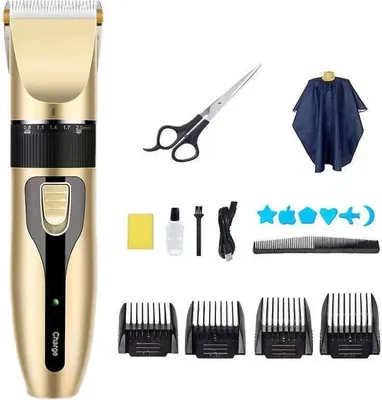 Produktbild von INF Wiederaufladbares Haarschneider Set mit Umhang, Schere und Stylingvorlagen Gold