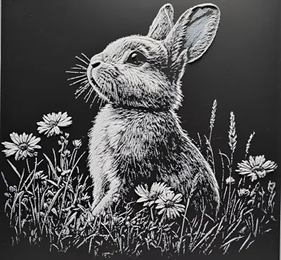 Produktbild von Hase mit Blumen S/W – Klein 15x10cm