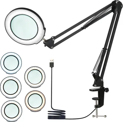 Produktbild von Neoglint Klemm-Tischlampe mit 5-facher Lupe Schwenkarm Dimmbare LEDs Tischleuchte Touch Control 5 Farbtemperatur 5 Helligkeitsstufen Lesen