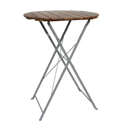 A round, wooden-topped, foldable bistro table with a gray metal frame, shown against a white background.